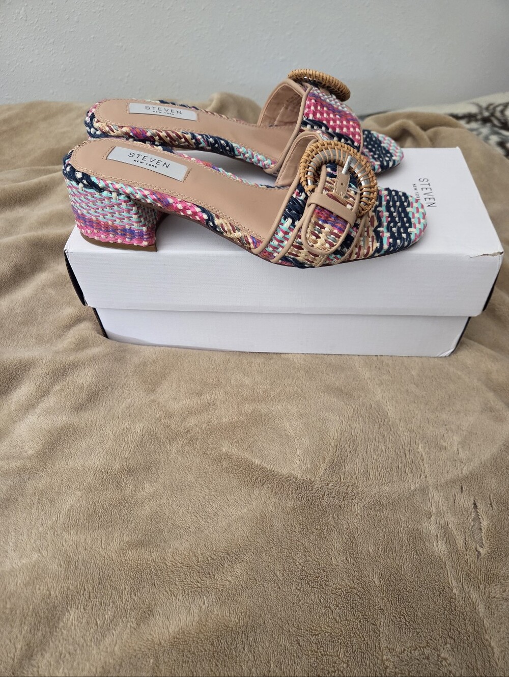 STEVEN New York Multicolor Woven Block Heel Slide Sandals with Buckle